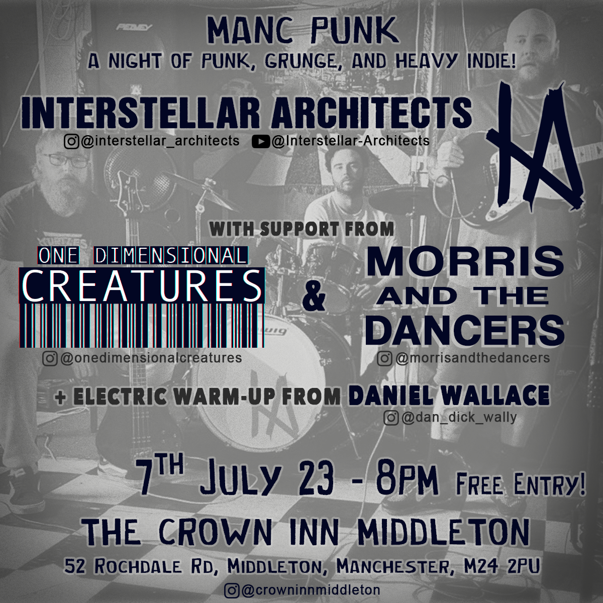 Manc Punk - Interstellar Architects, One Dimes Gig, and Morris and the Dancers Flyer 7 July 2023