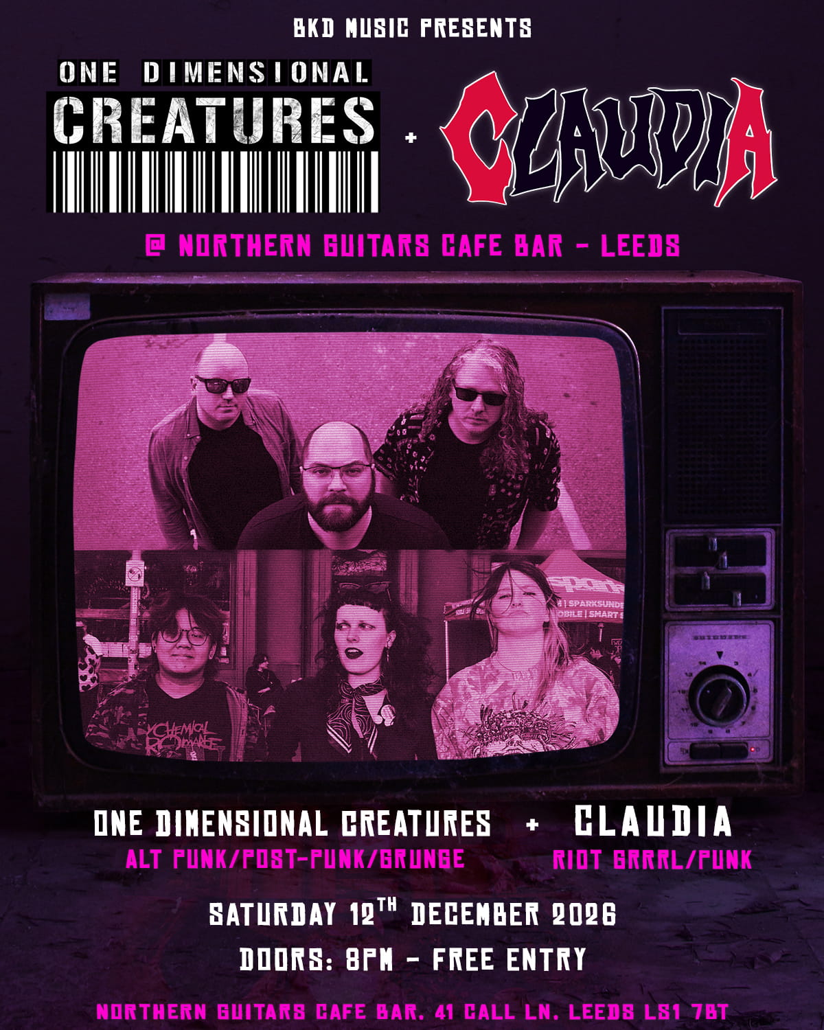 One Dimensional Creatures play at Northern Guitars Cafe Bar in Leeds with Claudia on 12th December 2026